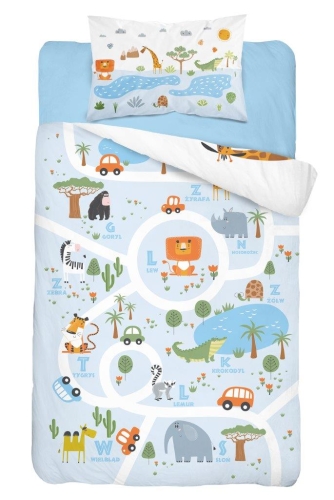 Komplet pościeli bawełnianej błękitno białej do łóżeczka 90x120 Zoo