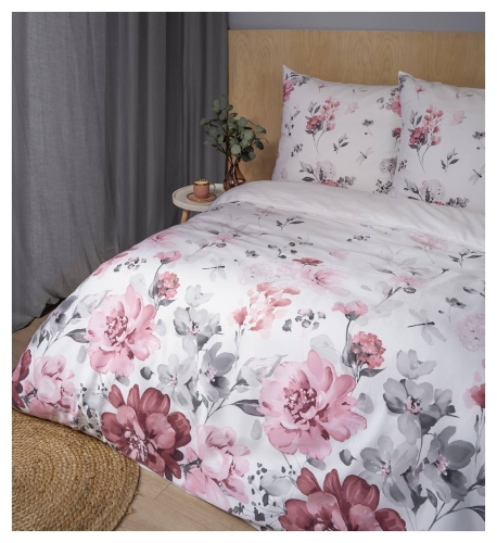 Pościel satyna bawełniana Home Satin biała 200x200 kwiaty popielato różowe