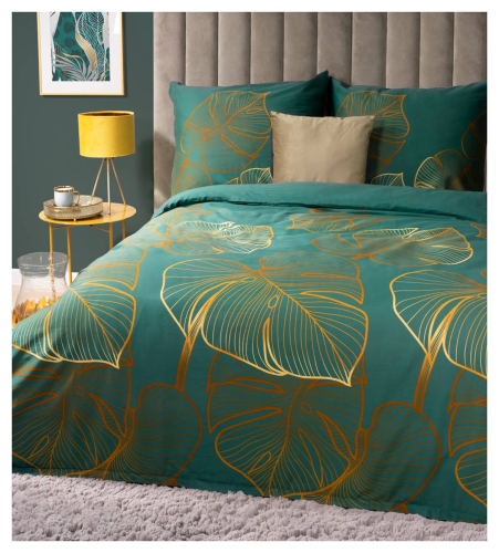 Pościel satyna bawełniana Home Satin zielona 220x200 w złote liście