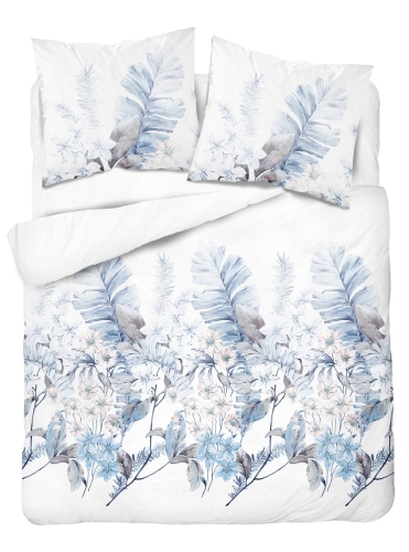 Pościel satyna bawełniana Home Satin biała 220x200 w błękitne liście i kwiaty