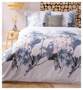Pościel satyna bawełniana Home Satin biała 220x200 w błękitne liście i kwiaty