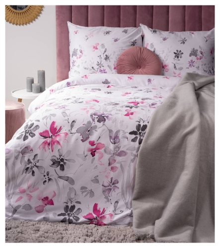 Pościel satyna bawełniana Home Satin biała 220x200 w różowo popielate kwiaty