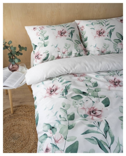 Pościel satyna bawełniana biała Home Satin 160x200 w duże kwiaty i liście