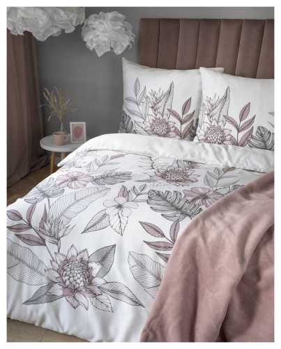 Pościel satyna bawełniana biała Home Satin 220x200 w kwiaty