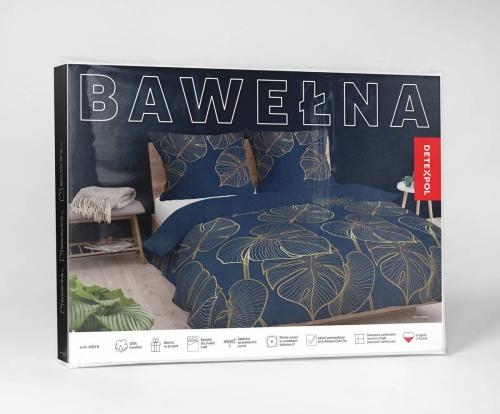 Pościel bawełniana granatowa 180x200 złote liście