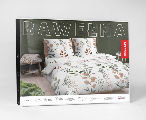 Pościel bawełniana biała 220x200 w rude i zielone liście i kwiaty