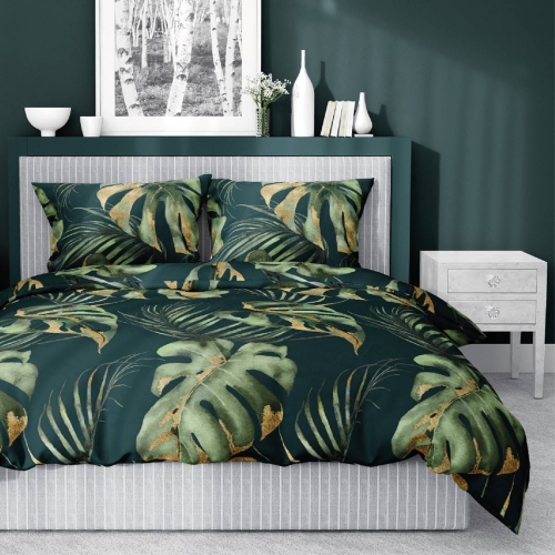 Pościel satyna bawełniana zielona Home Satin 180x200 w liście monstery