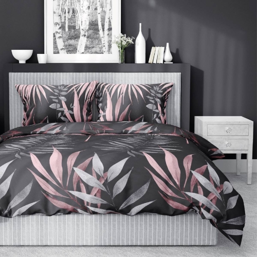 Pościel satyna bawełniana czarna Home Satin 180x200 w liście 