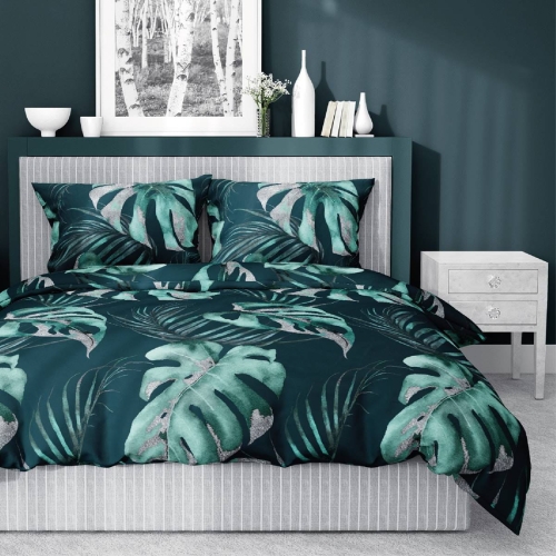 Pościel satyna bawełniana turkusowa Home Satin 160x200 w liście monstery