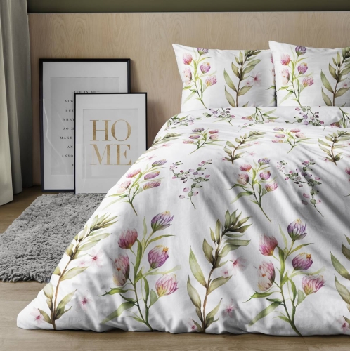 Pościel satyna bawełniana biała Home Satin 180x200 w kwiaty