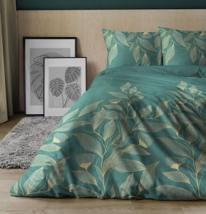 Pościel satyna bawełniana Home Satin zielona  180x200 w złote liście