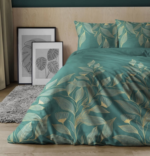 Pościel satyna bawełniana Home Satin zielona  180x200 w złote liście