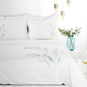 Premium pościel haftowana biała 220x200 zielone liście