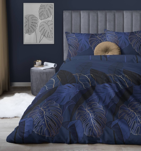 Pościel satyna bawełniana Home Satin granatowa 160x200 w liście monstery