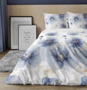 Pościel satyna bawełniana Home Satin biała 160x200 w błękitne kwiaty