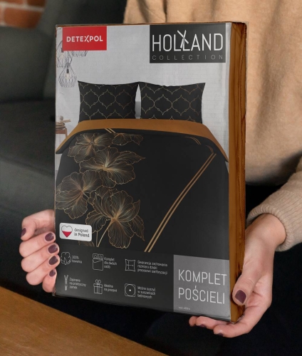 Pościel bawełniana Holland czarna 160x200 w złote kwiaty