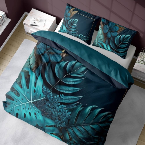 Pościel bawełniana Holland 220x200 w turkusowe liście