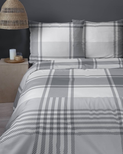 Pościel bawełniana 100% biało szara 220x200 kratka