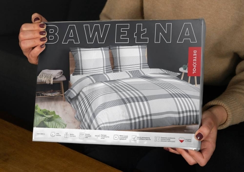 Pościel bawełniana 100% biało szara 220x200 kratka