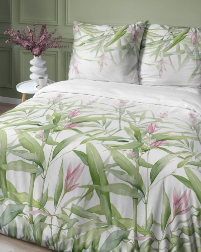 Pościel satyna bawełniana Home Satin biała 160x200 zielone liście i różowe kwiaty