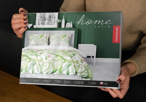 Pościel satyna bawełniana Home Satin biała 160x200 zielone liście i różowe kwiaty