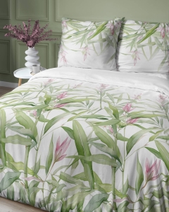 Pościel satyna bawełniana Home Satin biała 220x200 zielone liście i różowe kwiaty