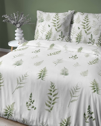 Pościel z satyny bawełnianej Home Satin biała 160x200 w zielone gałązki
