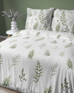 Pościel z satyny bawełnianej Home Satin biała 220x200 w zielone gałązki
