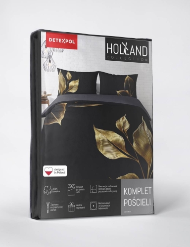 Pościel bawełniana czarno stalowa Holland 160x200 złote liście