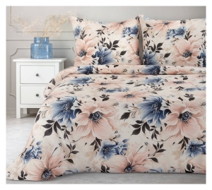 Komplet pościeli kremowej Sonia 100% bawełniana 140x200 w błękitne i pudrowe kwiaty