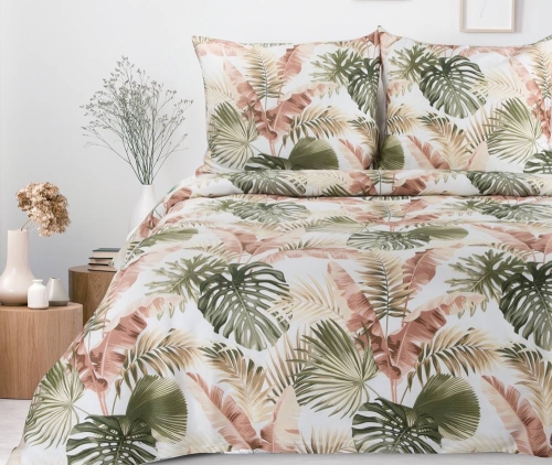 Komplet pościeli z bawełny satynowej białej Spring 140x200 w liście monstery