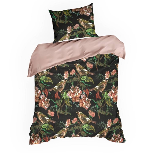 Komplet pościeli z bawełny satynowej czarno różowej Spring 140x200 w ptaszki