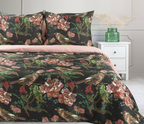 Komplet pościeli z bawełny satynowej czarno różowej Spring 160x200 w ptaszki