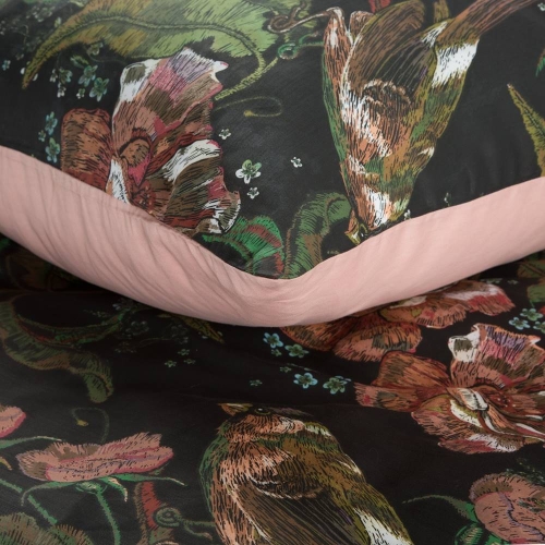 Komplet pościeli z bawełny satynowej czarno różowej Spring 160x200 w ptaszki
