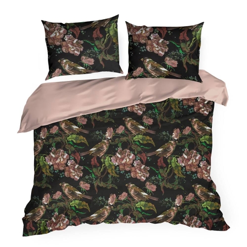 Komplet pościeli z bawełny satynowej czarno różowej Spring 160x200 w ptaszki