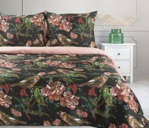 Komplet pościeli z bawełny satynowej czarno różowej Spring 220x200 w ptaszki