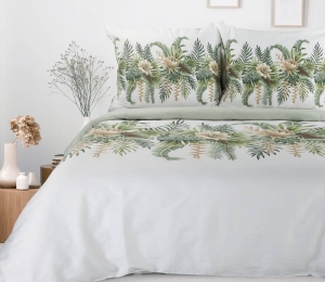 Komplet pościeli z bawełny satynowej biało miętowej Spring 220x200 w kremowe kwiaty w liściach
