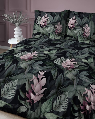 Pościel satyna bawełniana czarno zielona Home Satin 160x200 w liście i kwiaty