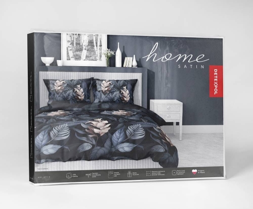 Pościel satyna bawełniana czarno granatowa Home Satin 140x200 w liście i kwiaty