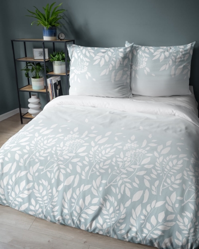 Pościel bawełniana 100% turkusowo biała 220x200 w liście