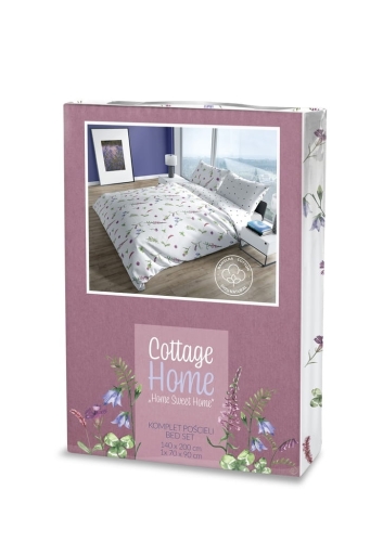 Pościel bawełniana Cottage biała 140x200 w różowe i fioletowe kwiaty