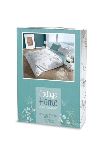 Pościel bawełniana Cottage biała 160x200 z dwoma poszewkami 50x70 w roślinny wzór 
