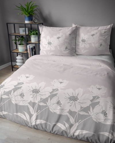 Pościel flanelowa różowo popielata 160x200 w kwiaty