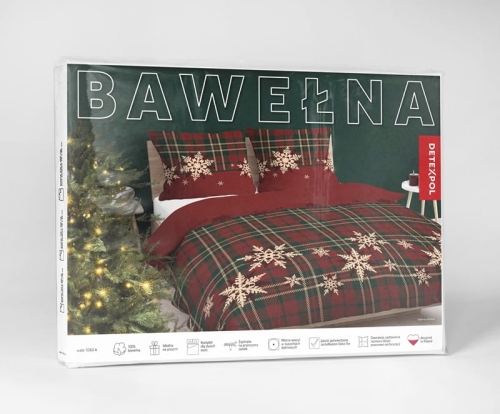 Świąteczna pościel bawełniana czerwona krata 220x200 Śnieżynki