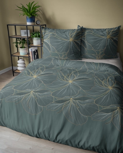 Pościel satyna bawełniana zielona 220x200 w kwiaty Home Satin