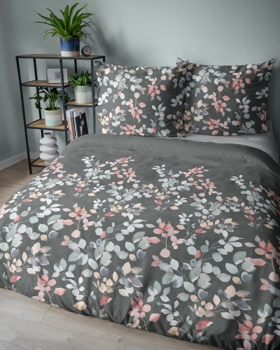 Pościel satyna bawełniana w szarości 160x200 kolorowe liście Home Satin