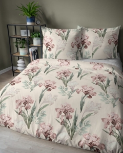 Pościel satyna bawełniana kremowa 160x200 w różowe irysy Home Satin