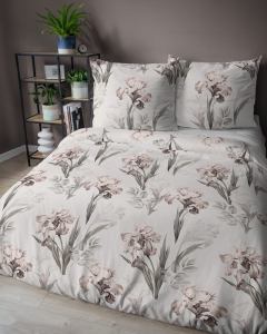 Pościel satyna bawełniana jasno kremowa 220x200 w beżowo różowe irysy Home Satin