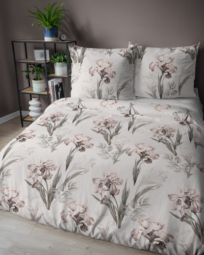 Pościel satyna bawełniana jasno kremowa 220x200 w beżowo różowe irysy Home Satin