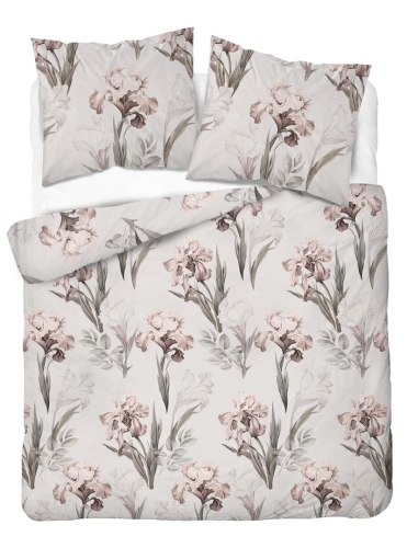 Pościel satyna bawełniana jasno kremowa 220x200 w beżowo różowe irysy Home Satin